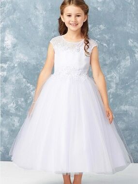 Tip Top Kids white formal dress with elegant detailing. Lace overlay bodice.